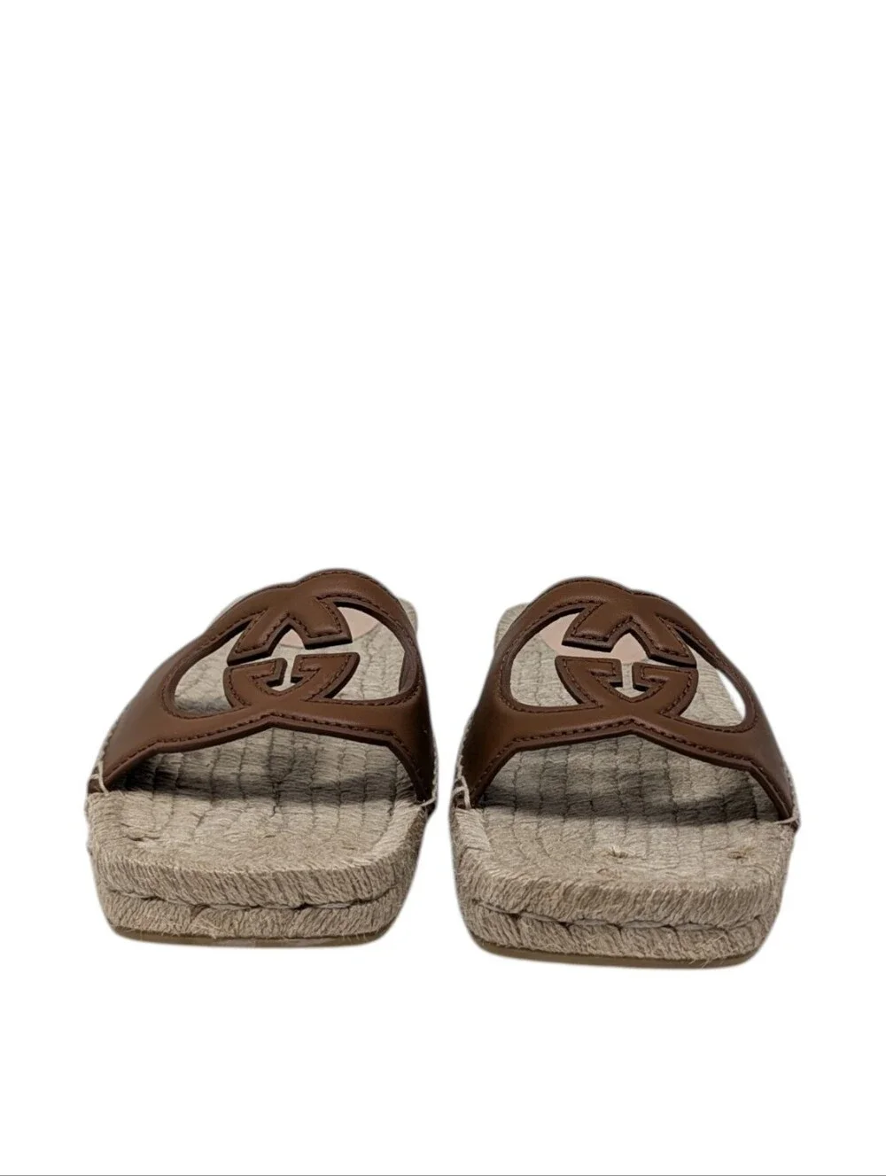 Gucci Interlocking G Brown Leather Espadrilles Flat Slide Sandals Size EU 38
